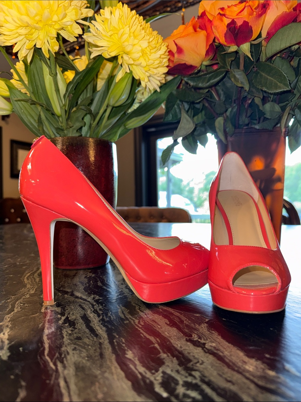 Michael Kors NYC Platform Coral Patent Peep-Toe Heels